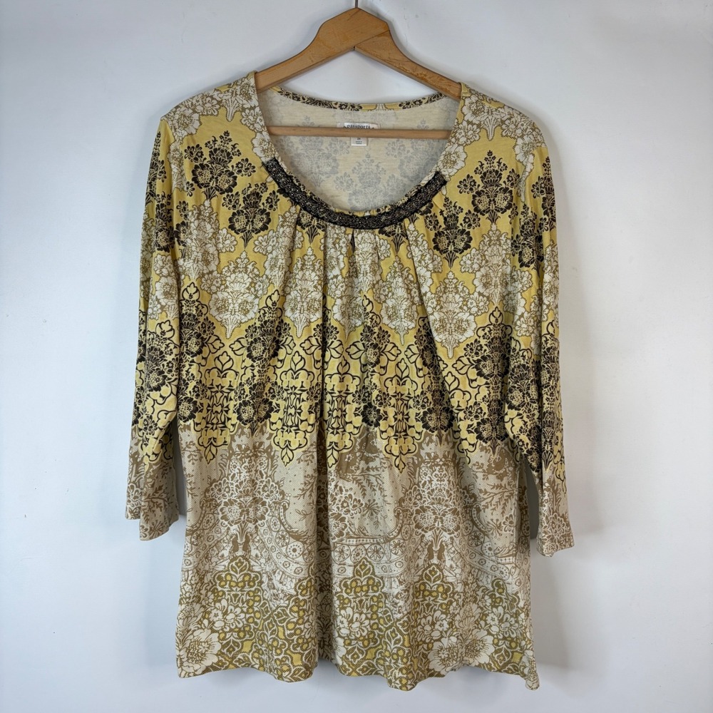 Passports Knit Top Womens 2X Yellow Damask Floral Beaded Scoop Neck 3/4 Sleeve